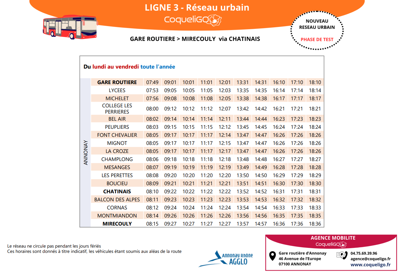 Horaires Ligne 3 réseau urbain